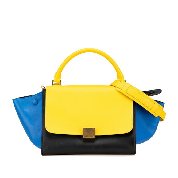 Celine Handbag Leather Yellow Black Tricolor Blue Trapeze - Picture 1 of 11